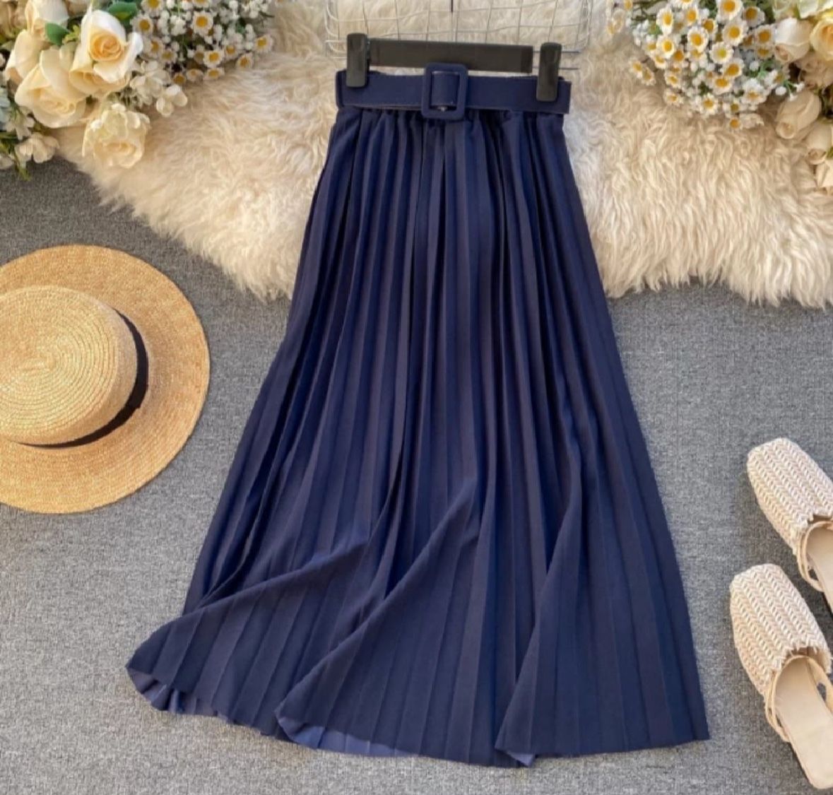 Navy Blue Pleated Skirt