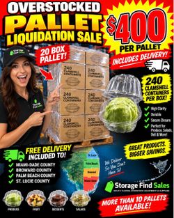 🔥 OVERSTOCK PALLET LIQUIDATION — $400 DELIVERED! 🔥 Brand-new head-lettuce-style clear clamshell containers. 📦 20 boxes per pallet 🥬 240 container