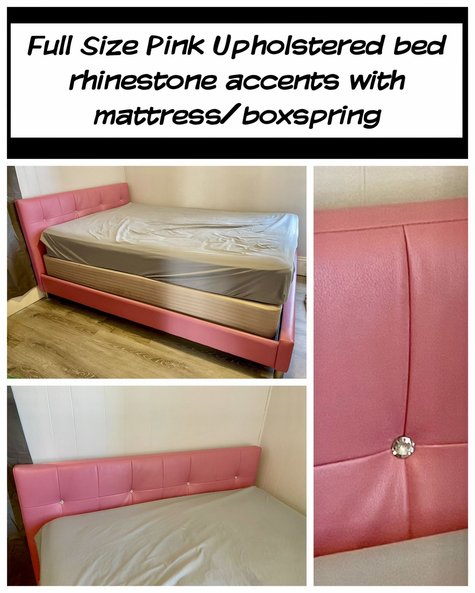 Full Size Pink Rhinestone Upholstered Bed 