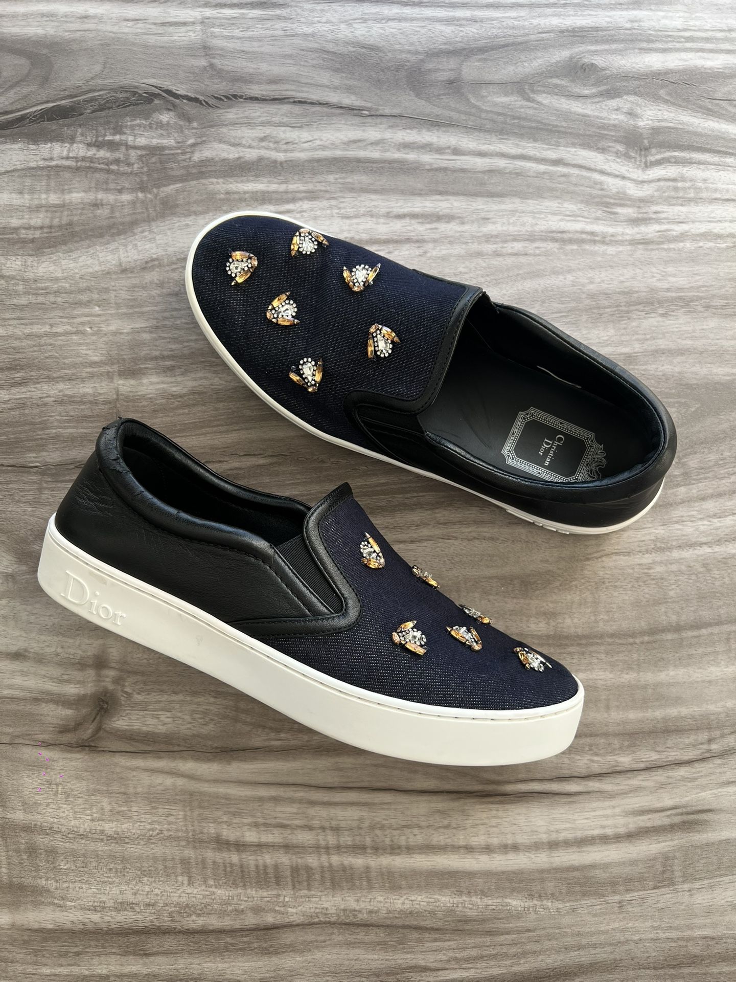 Christian Dior Navy Denim Leather Bee Slip-On Size 8 Women’s