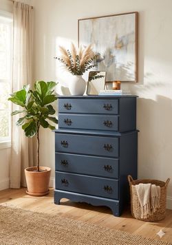 Midnight blue refinished tall boy dresser