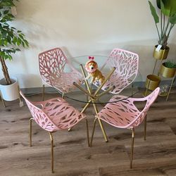 Pink Gold Round Dining Table Set For 4 People