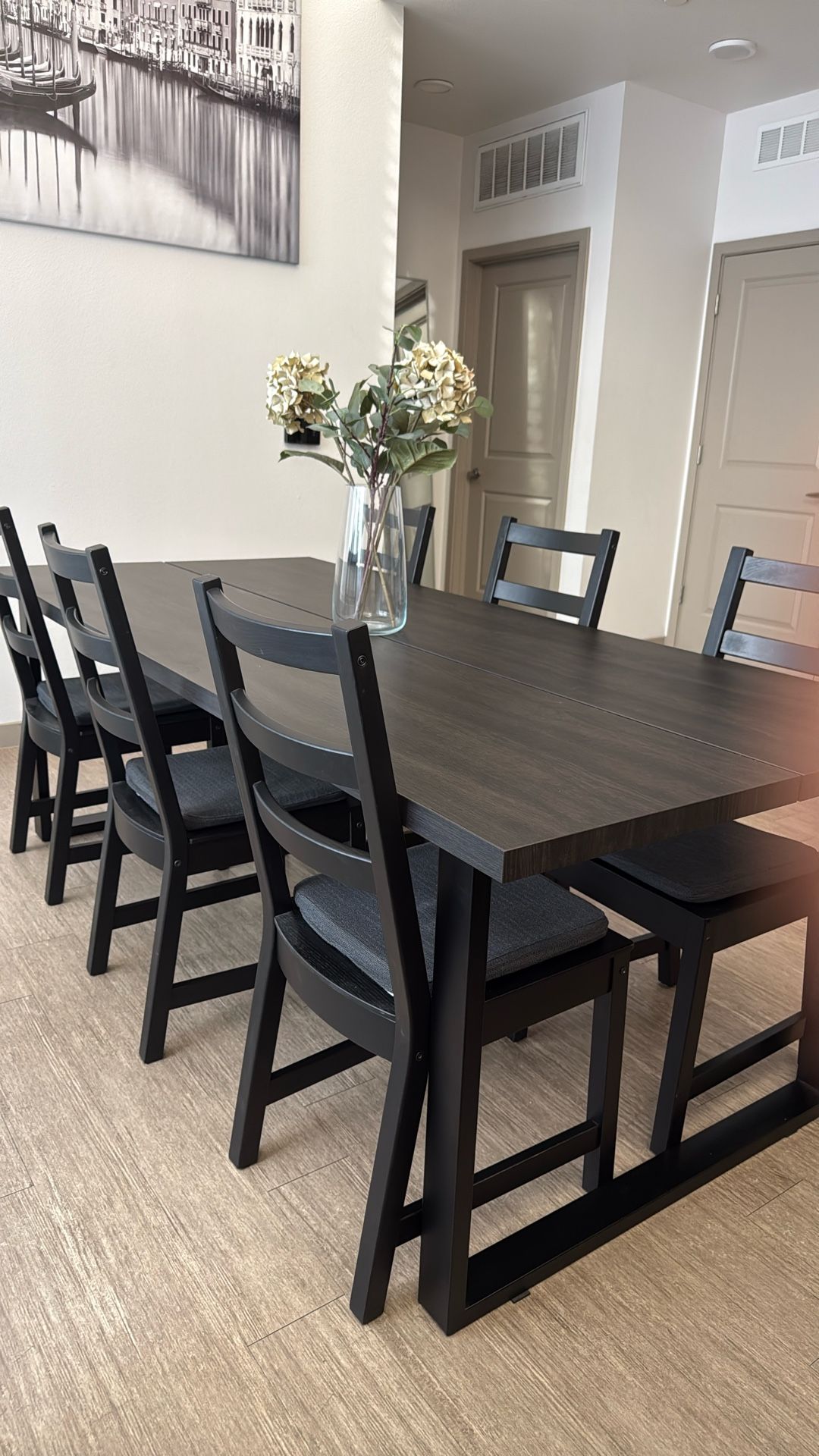 IKEA TRANEBO Black Dining Table NORDVIKEN Chairs w/ Cushions