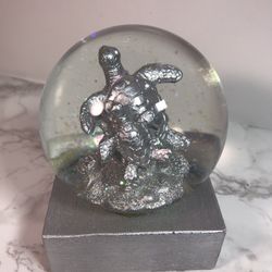 Turtle Snow Globe Silver Wood Base