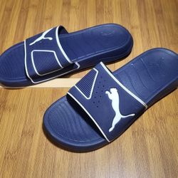 Puma Unisex Popcat Slide Sandal, Peacoat Blue And White Size 8