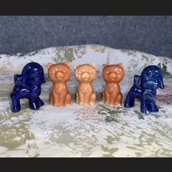 5 Vtg Cat Kitten Lamb Figurine Glazed Ceramic Japan 2.25" Signed Knick Knacks