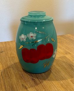 Vintage Bartlett-Collins Turquoise Glass Cookie Jar With Cherry Blossoms