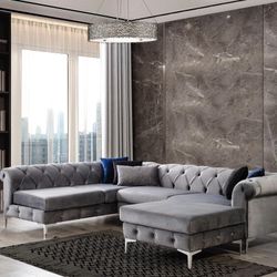 Lexi Gray Velvet LAF Sectional with Ottoman /couch /Living room set