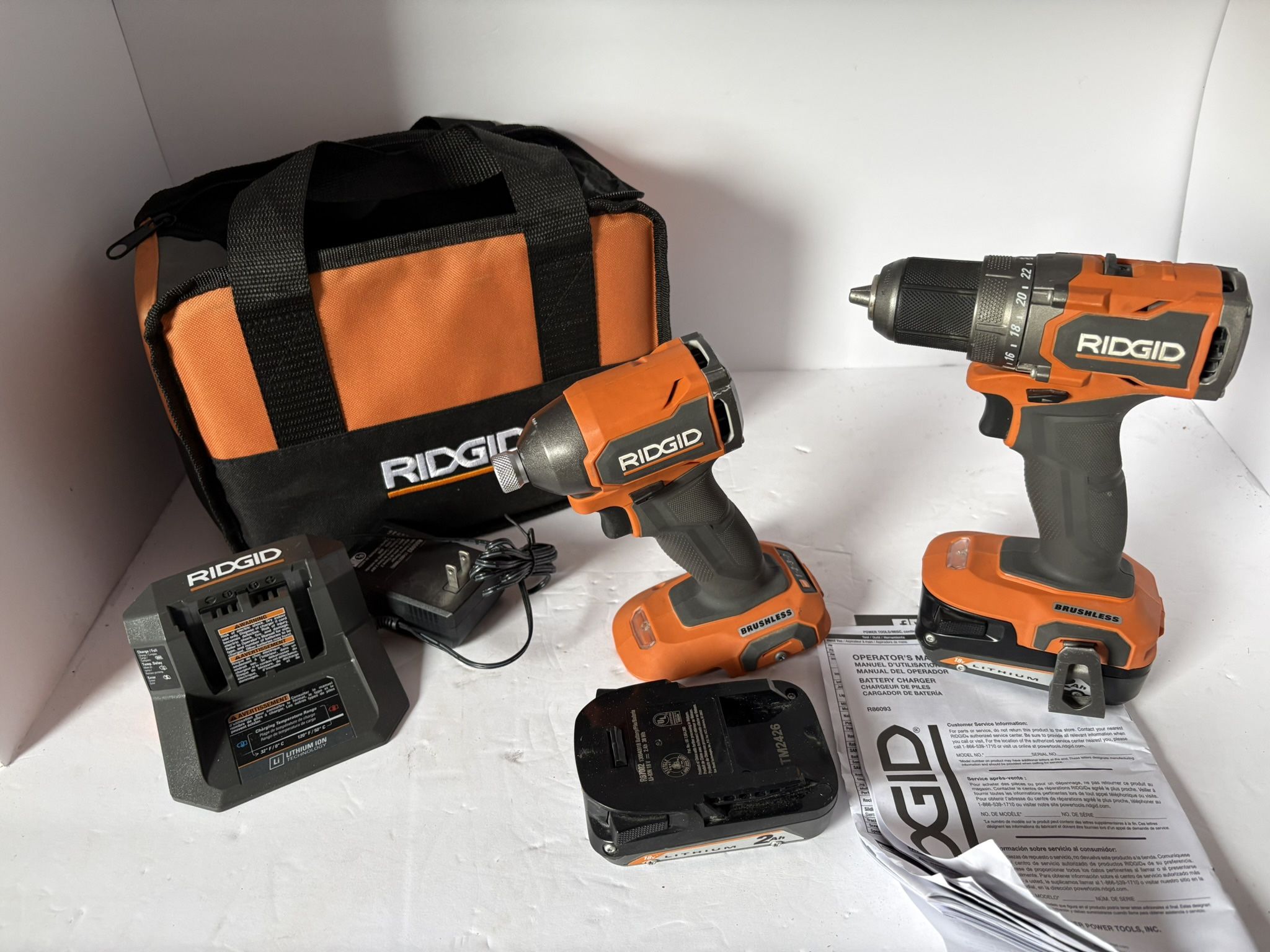 Ridgid 18V SubCompact Brushless 2-Tool Combo Kit with Drill/Driver, Impact Driver, (2) 2.0 Ah Batteries, Charger, and Tool Bag