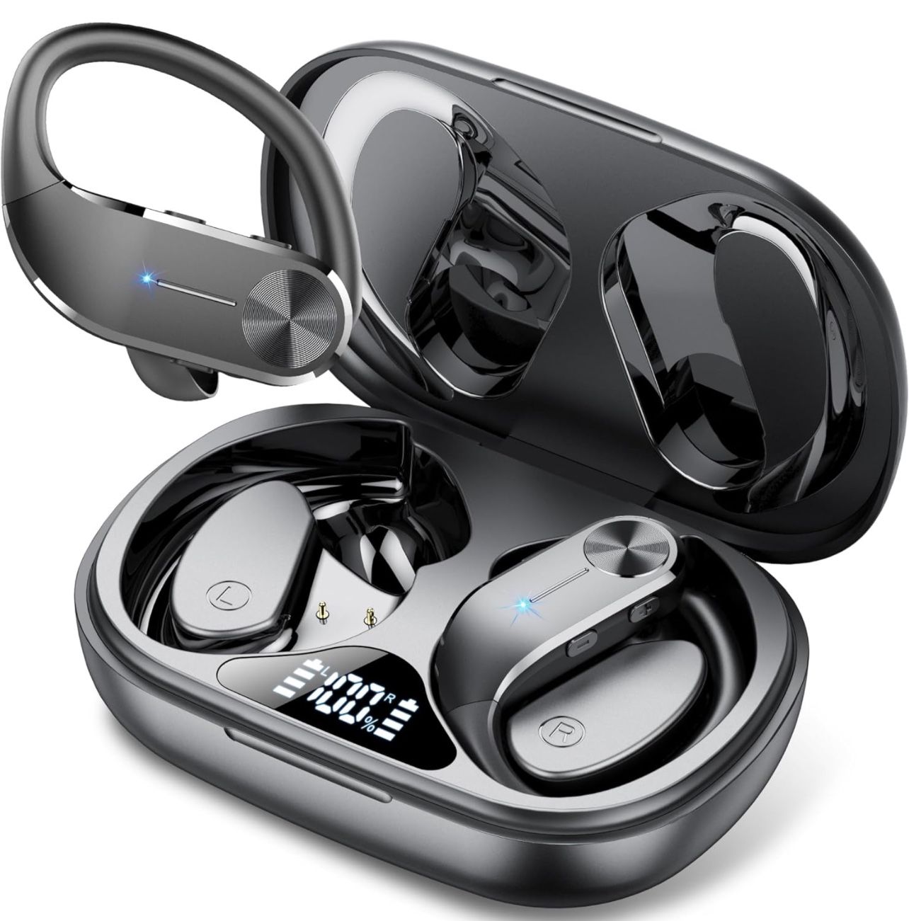 A8 Wireless Earbuds Bluetooth 5.3 Headphones 48Hrs Playtime Black Sports Earhooks Over Ear Earphones with LED Display, IPX7 Waterproof Built-in Mic He