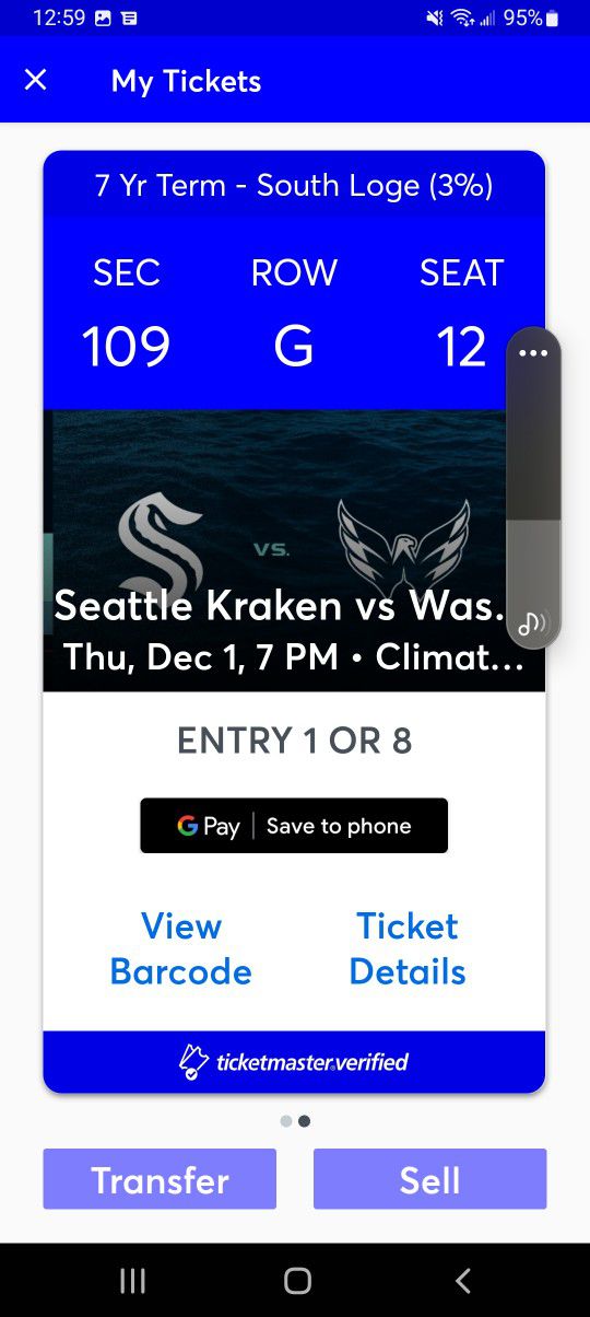 Seattle Kraken Vs Washington Capitals  1 Ticket 109 Row G   12/1 ,$80  No fees