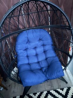 Black Wicker Egg Chair with Blue Cushion