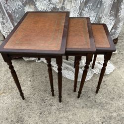 “Antique Mahogany Louis Seize Style Nest of Three Tables with Leather Inlay