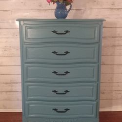 Teal French Provincial Chest Of Drawers - Five Drawer Dresser 