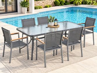 Set of 7pcs Rectangular Glass Table with 6pcs Aluminum Stackable Dining Room Chairs, Textilene, WPC Handrail, Balcony Chairs, for Patio, Balcony, Pati