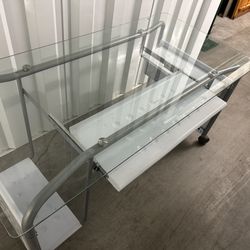 Glass Desk On Wheels With Sliding Keyboard Tray And Drawer