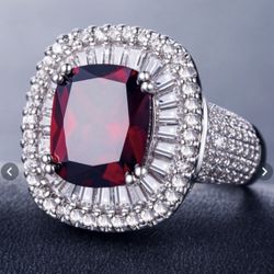 925 Sterling Silver Garnet Diamond Wadding Engagement Ring Size 8 