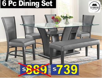 Glass table + 4 chairs + bench