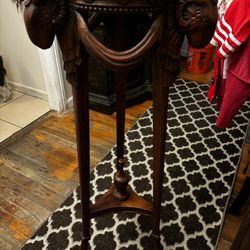 Antique Style Carved Mahogany Plant Stand W/ Rams Head & Hooved Feet Goat