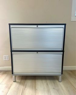 Modern Wood Office Storage Cabinet – Silver Tambour Doors