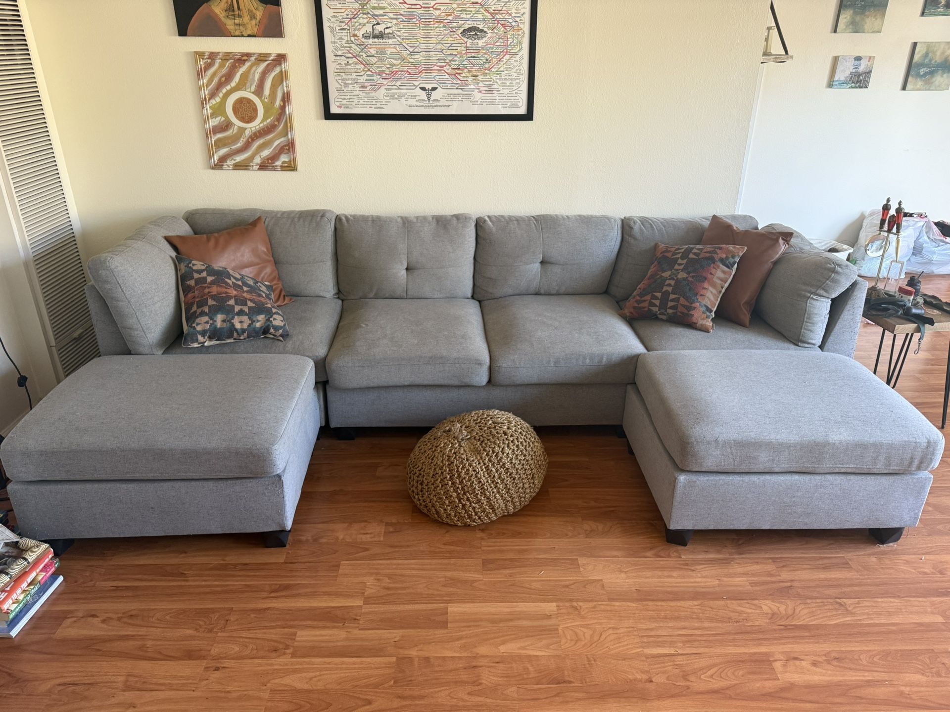 Grey Sectional Couch With Moveable Ottoman’s 