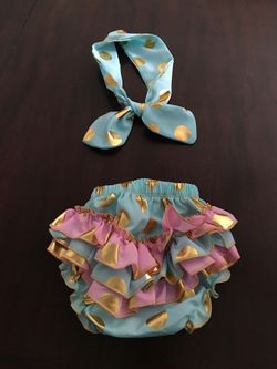Gold Polka dot ruffle diaper cover with head band