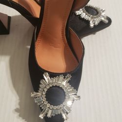 Women’s Black Satin Rhinestone Spool Heel Slingback Pumps Shoes Sz 6.5