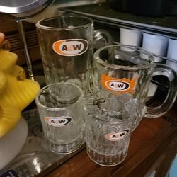 Vintage A&W Root Beer Soda Mug(1) 6'' Tall AW Dimpled Heavy Glass (1( mug 4" (2) 3" AW MUGS