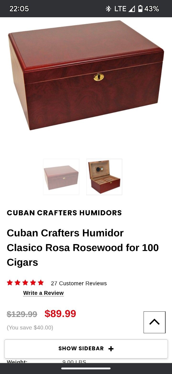 (New in Box.) Cuban Crafters Humidor Clasico Rosa Rosewood for 100 Cigars.