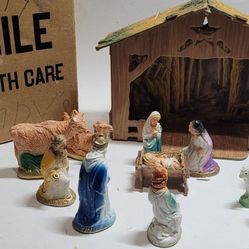 Vintage Cardboard Christmas Nativity Scene 13 figurines in original box