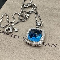 DAVID YURMAN Albion Sterling Silver 14mm Blue Topaz Pave Diamond Necklace 18inch