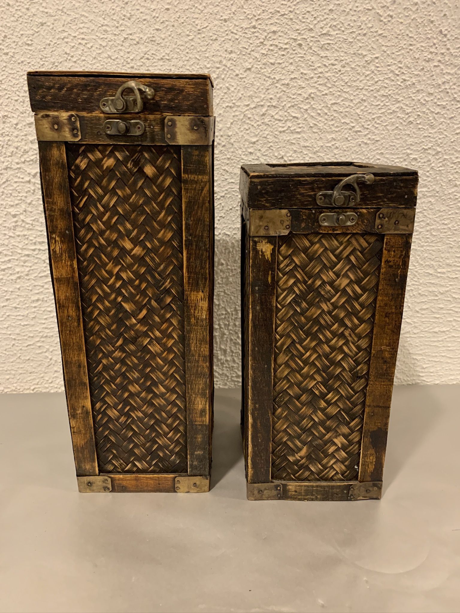 Two sizes wicker bottle holders, bottle box , wooden decorative bottle box 13.50” tall, 11” tall you see it here , it is available, can be purchased