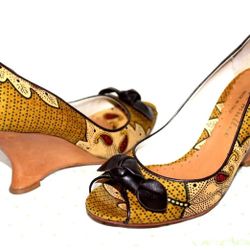 BETTYE MULLER Italy Artifact Bow Paisley Canvas Leather Peep-Toe Pumps 36.5 6.5