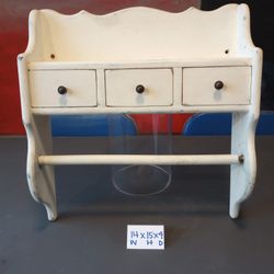 Vintage White Wooden Shabby-Chic Paper Towel Holder Wall Shelf with Drawers