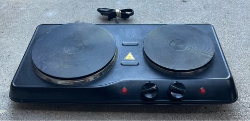 OVENTE Electric Cast Iron Double Burner, 1700W Hot Plate, Black BGS102B 7.25" & 6.10" Portable Countertop Cooktop, Metal Housing, 5 Level Temperature 