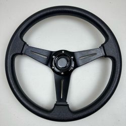 Universal Racing Steering Wheel 13.8” 6 Bolt Anti-Slip Leather and Aluminum Aftermarket Black QYMOPAY