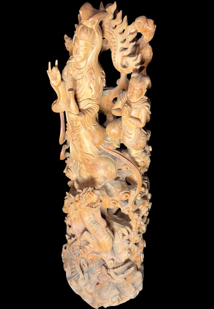 Hand Carved Wood Guan Yin + Dragons Buddhist Statue