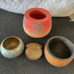 Decorative Pots/Dish:  Pottery/Solid Brass/Terracotta (4 Pieces)