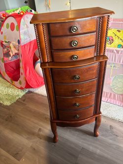 Tall Wood Jewelry Armoire with Drawers