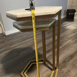 Set of 2 Hexagonal Marble Top Gold Nesting Side Tables