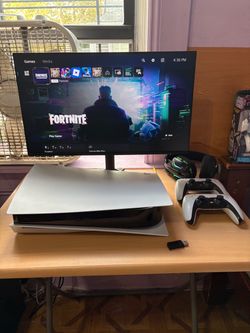 "Complete Gaming Bundle: Acer Nitro QG241Y 120Hz Monitor, PS5, 2 Controllers and WESEARY Gaming Headset."