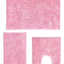 3 Pieces Pink Chenille Plush Bathroom Rug Set P