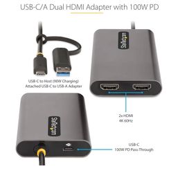 USB-C to Dual-HDMI Adapter, USB-C/A to 2X HDMI Converter, 4K 60Hz, 100W PD Pass-Through, Win/Mac, TAA (PART # 109B-USBC-HDMI) (((NEW))) USB-C/USB-A to