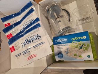 New Unopened Dr Brown's dishwasher basket, mixing pitcher, two size 2 nipples, five sterilizer bags