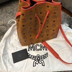 MCM Orange Visetos Crossbody Bucket Bag