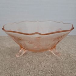 Vintage Pink Etched Depression Glass Three Toed/Footed Bowl by Lancaster Glass "Jubilee"