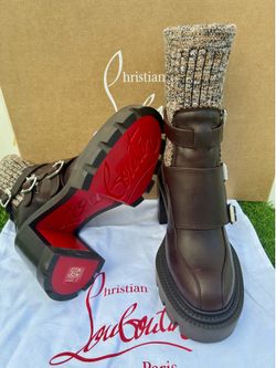 CHRISTIAN LOUBOUTIN CORTINETTA COLLEGE 100 BROWN LEATHER BLOCK HEEL ANKLE BOOT SZ 38 NEW