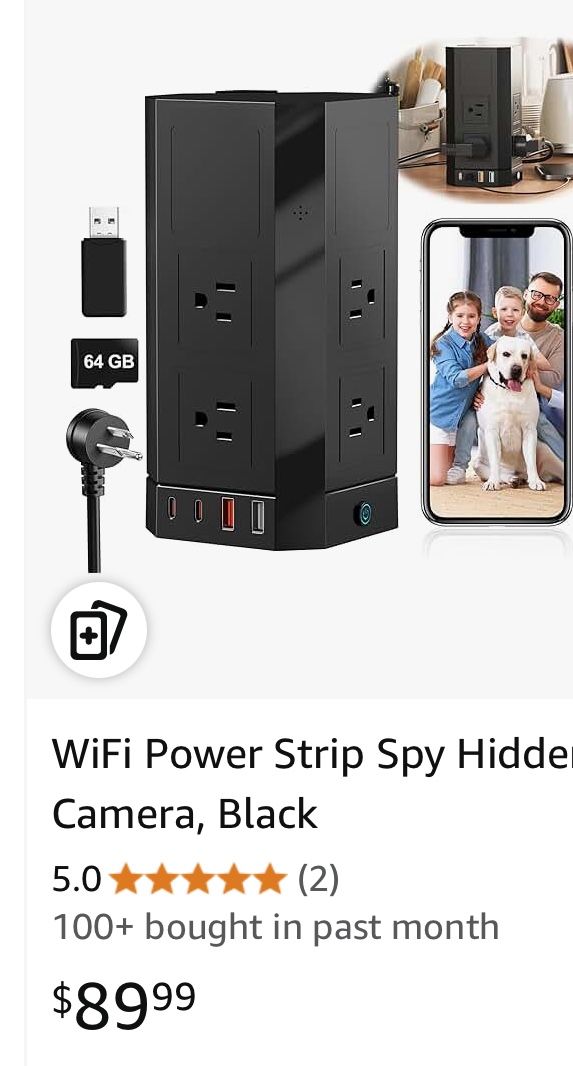 WiFi Power Strip Spy Hidden Camera, Black