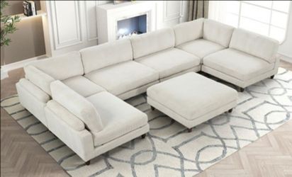 Brand New Beige Super Plush Corduroy Modular Sectional Sofa w Ottoman
