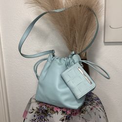 Fossil Blue Leather Gigi Drawstring Crossbody and Matching Wallet ZB1526